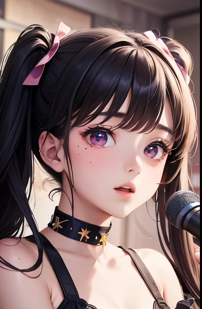 masterpiece, best quality, highly detailed, high resolution, expensive resolution, high resolution, 4K, 8k, Unity 8k wallpaper, highly detailed CG, masterpiece, 2D, 3D, beautiful details, depth, fine texture, best quality: 1.3, perfect focus, crisp skin, him, very cute, 20s girl, idol, holding a microphone and singing, short twin tails, mole under eye, looking at the viewer, expensive, blush, mole, open lips, heart shaped choker, pink eyes