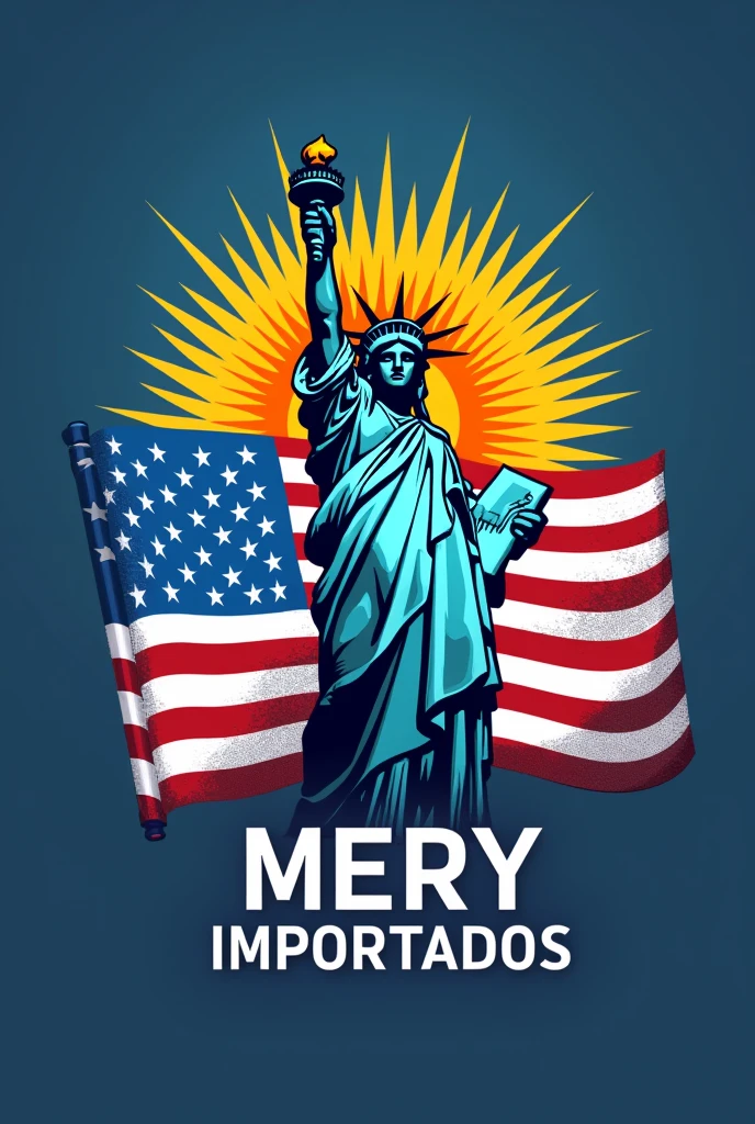 I need to generate a logo that includes the flag of Argentina and the United States, including the Statue of Liberty with a sun in the background.. The name of the business must also appear and say MERY IMPORTADOS below the statue