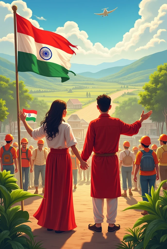 Depicting a man and woman dressed in red and white independence clothing inviting farmers and construction workers behind them to build the country. , It says Happy Independence Day 79, Glory be to my country