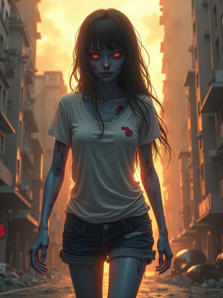 a naked,  japanise beutiful school teen zombie, exposing her  from torn tshirt , blue skin, red eyes , looking cute, carrying a dead body of a boyfriend by his shit, walking down a dystopian city, smoke, destruction, golden hour  (NSFW:1.8), sexy, hot