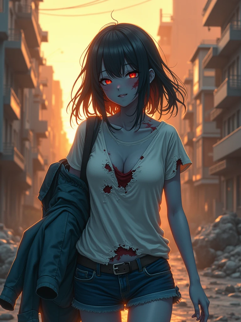 a naked, japanise beutiful school zombie, exposing her from torn tshirt , blue skin, red eyes , looking cute, carrying a dead body of a boyfriend by his shit, walking down a dystopian city, smoke, destruction, golden hour (NSFW:1.8), sexy, hot