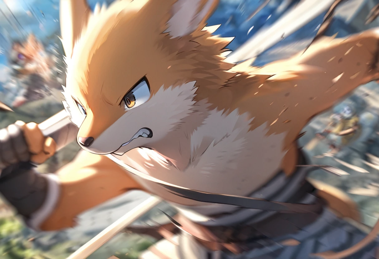 top quality, high-quality illustrations((masterpiece))depth of field, motion blur, absurdres, Perfect Anatomy, magnificent picture of kemono fighting fierce battles, kemono, 1boy, solo focus, Anthro((dramatic))epic, weapon, dynamic pose, One scene of movie,