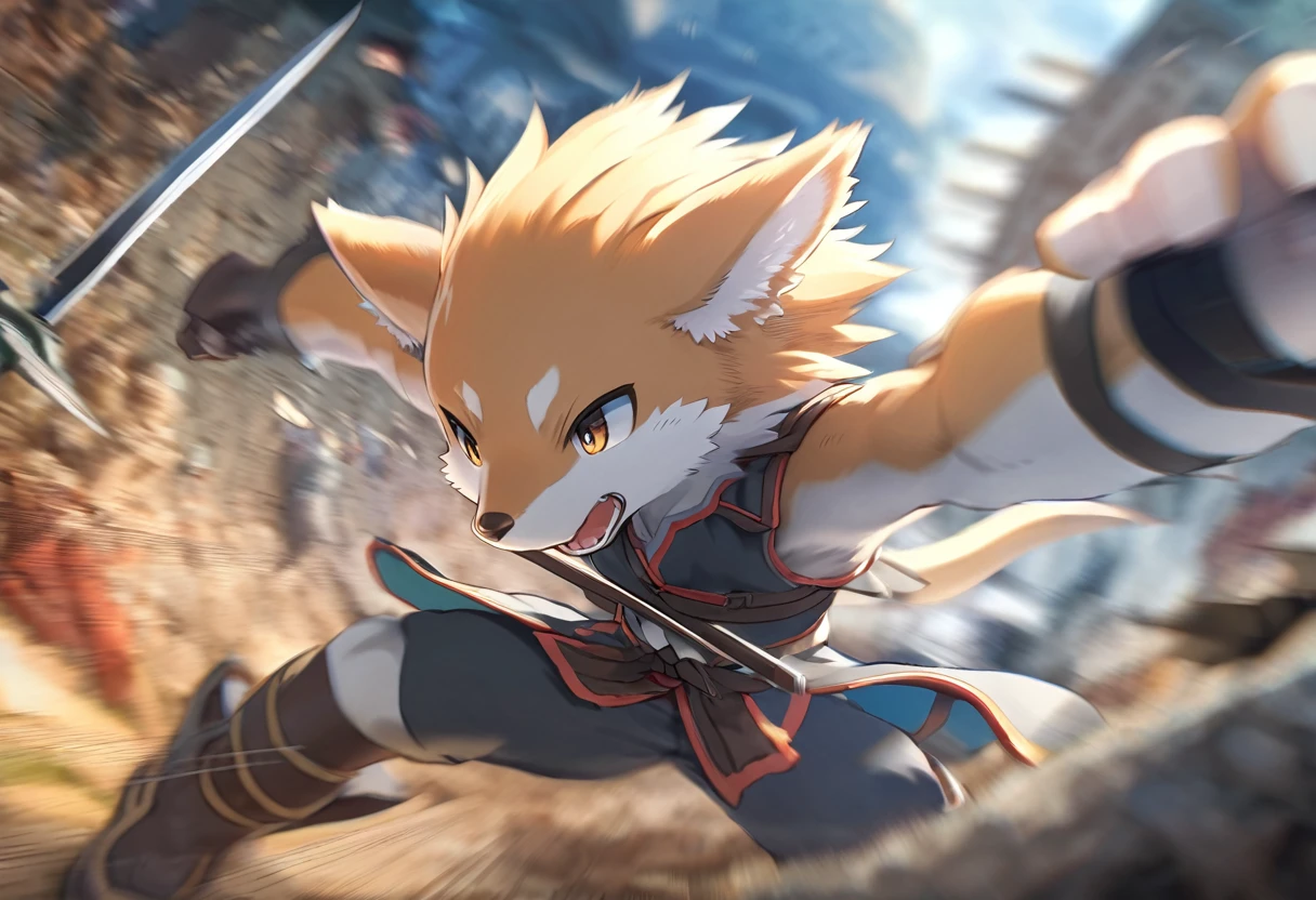 top quality, high-quality illustrations((masterpiece))depth of field, motion blur, absurdres, Perfect Anatomy, magnificent picture of kemono fighting fierce battles, kemono, 1boy, solo focus, Anthro((dramatic))epic, weapon, dynamic pose, One scene of movie,