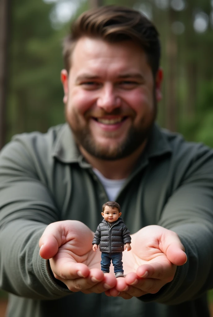 Very handsome young obese white man, holding in the palm of his left hand a  man 5cm tall smiling