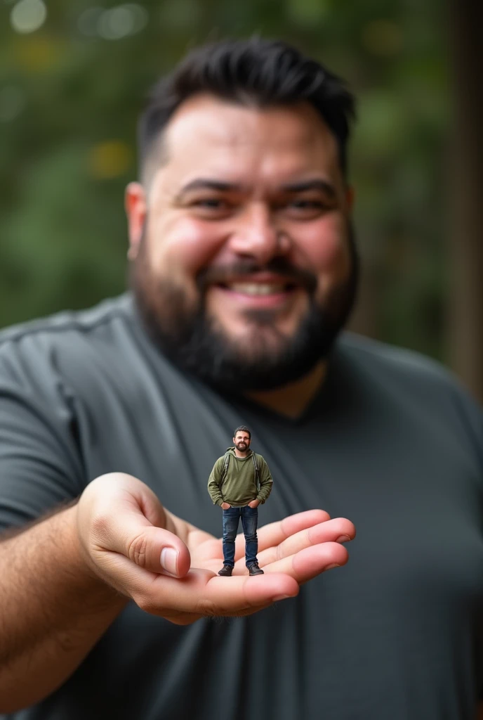 Very handsome young obese white man, holding in the palm of his left hand a little man 5cm tall smiling
