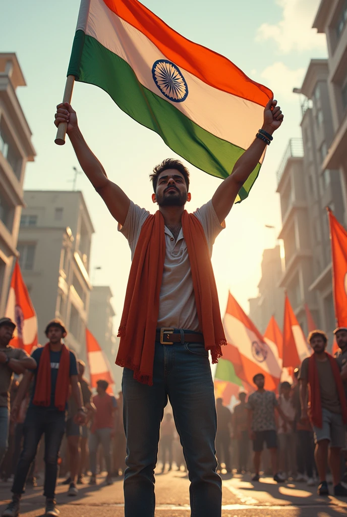 Singal young  man Protesting with the Hindu nisan