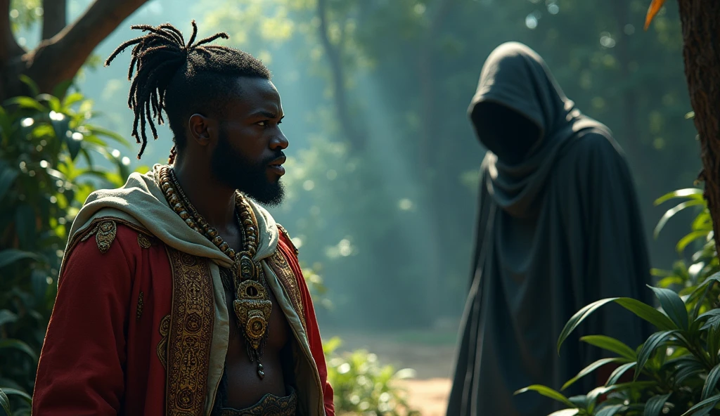 (African folktale) One fateful day, a mysterious stranger appeared in the village, draped in a cloak of shadow. His face was hidden, but his voice was as soft as the night breeze.
King Zolani, dressed in regal but worn-out attire, is expression is mix of pride and power
Blinded by greed, Zolani ordered his best warriors to accompany the stranger into the forest.