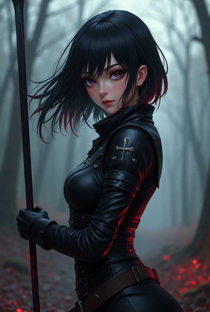 4K anime style quality, digital drawing mode, dark-fantasy themed anime female character, shoulder-length raven black hair with blood-red highlights, intense dark eyes, wearing a leather hunter's armor with crosses, holding a silver stake, Blur the background to create a three-dimensional effect, atmosphere, standing in the haunted countryside hunting vampires, radiant skin, flowing hair, glossy lips, focused eyes, full body, dynamic pose, life size, perfect anatomy, detailed skin texture, full HD, 4K, HDR, perfect anatomy, depth of field.
