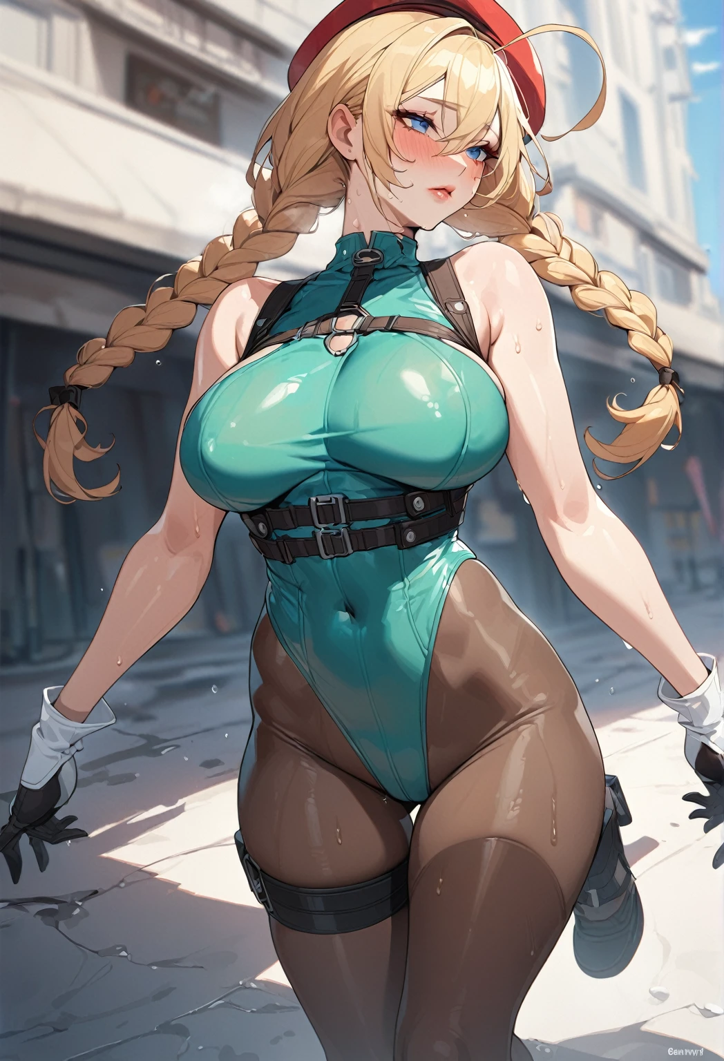 masterpiece,best quality,extreme detail,8k,cammyfn, 1girl, solo, long hair, breasts, blue eyes, blonde hair, large breasts, gloves, red hat, braid, ahoge, twin braids, leotard, lips, makeup, beret, scar, antenna hair, nose, harness, huge ahoge, green leotard,sleeveless, sweaty,sweat, exhausted,sleeveless,cross eye, full body
