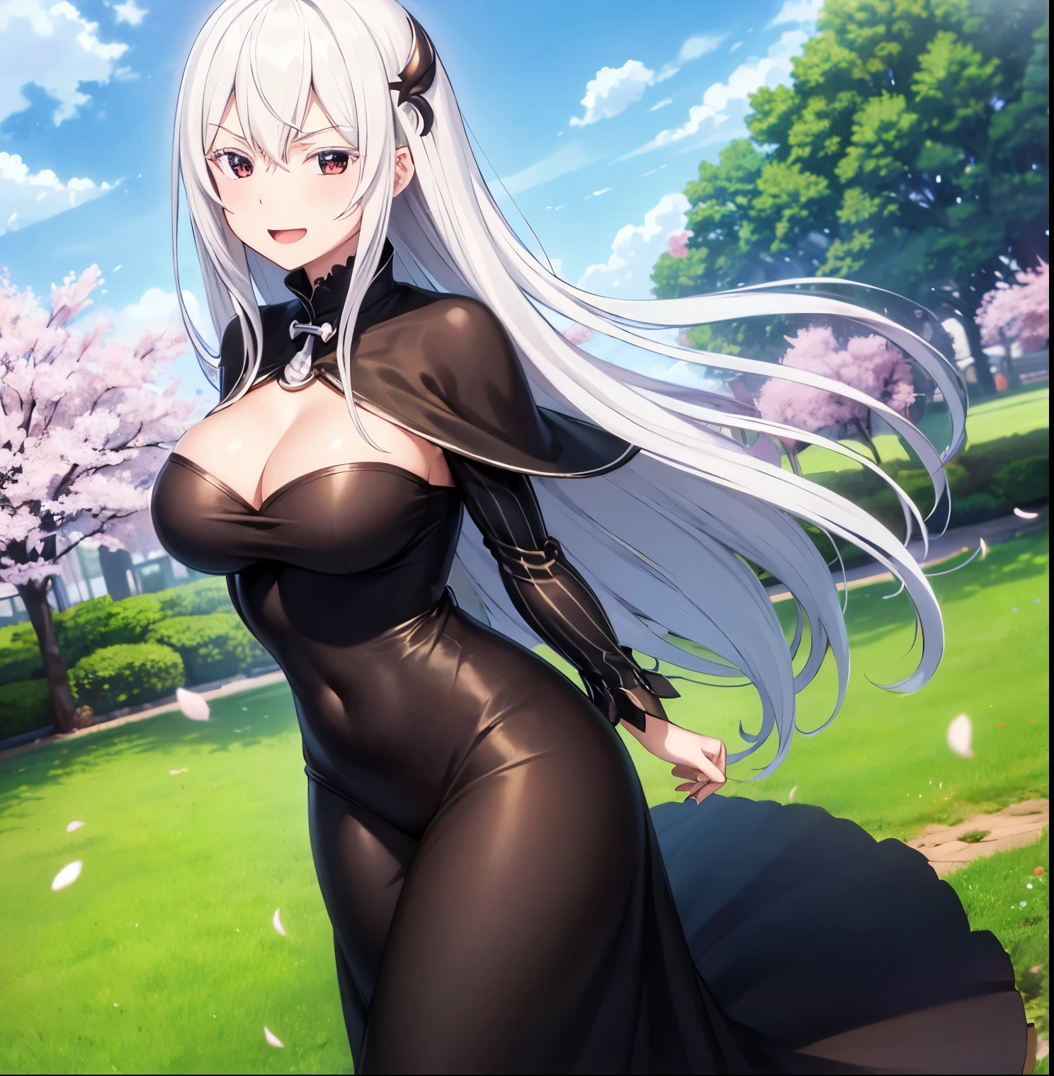 ((1 girl)),((Alone)), echidna ,((Extremely detailed CG unity 4k wallpaper)),(Masterpiece),(ultra quality),(Ultra detailed),(best illustration),(best shadow ), (extremely detailed), (absurdities), (detailed background), curvy body, dynamic pose, cowboy shot, large breasts, narrow waist, wide hips, medium thighs, long hair, white hair, hair ornament , brown eyes, black cape, long dress, black dress, long sleeves, white vertical stripes, smile, open mouth, seductive, standing, cowboy shot, leaning forward, leaning, backlit, ((solo)), ((Standing:1.4, open air,green plain,clear scenery,blue sky,cherry blossoms,arms behind the back)), Looking forward, ((focus on breasts)), point of vist: (from middle), perfect anatomy, perfect hands