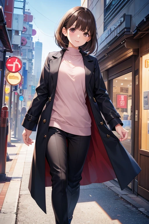 anegasaki nene、Shiny brown hair, short hair, (Beautiful brown eyes、Sparkling eyes, Fine grain)、smile、Ultra-detailed eyes、Highly detailed face, Highly detailed eyes,
(Beautiful brown eyes、Sparkling eyes, Fine grain)、
(masterpiece, Highest quality, High resolution, 超High resolution, Pixel perfect, Depth of written boundary, 4K, RTTX 10.0, High resolution))),
Female anime character wearing a pink coat and black pants Blush ((Wearing a long coat)),
Wearing long, dangling clothes, Anime full body illustration,
Street Tokyo Tower background,