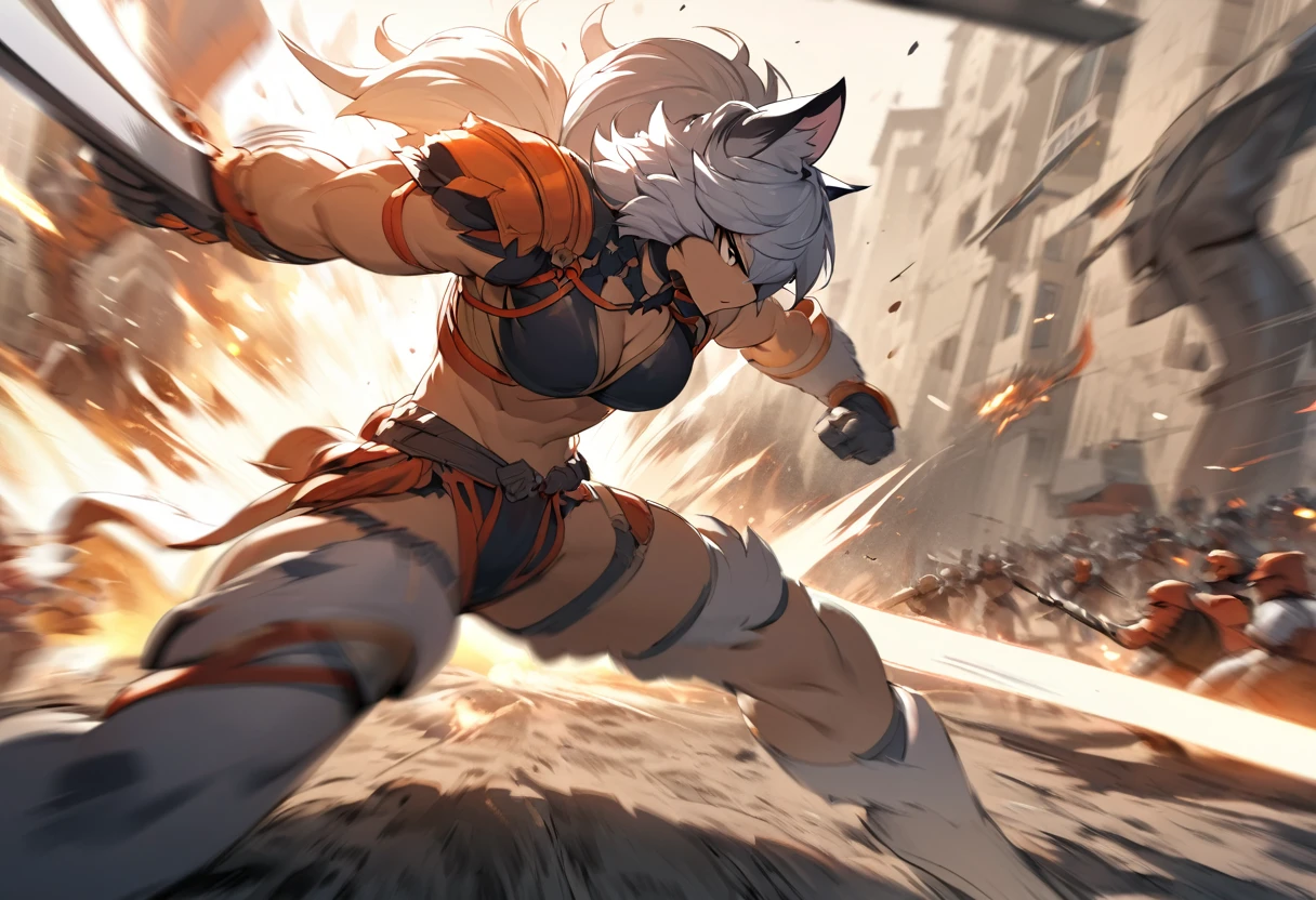 top quality, high-quality illustrations((masterpiece))depth of field, motion blur, absurdres, Perfect Anatomy, magnificent picture of kemono fighting fierce battles, kemono, 1boy, solo focus, Anthro((dramatic))epic, weapon, dynamic pose, One scene of movie,