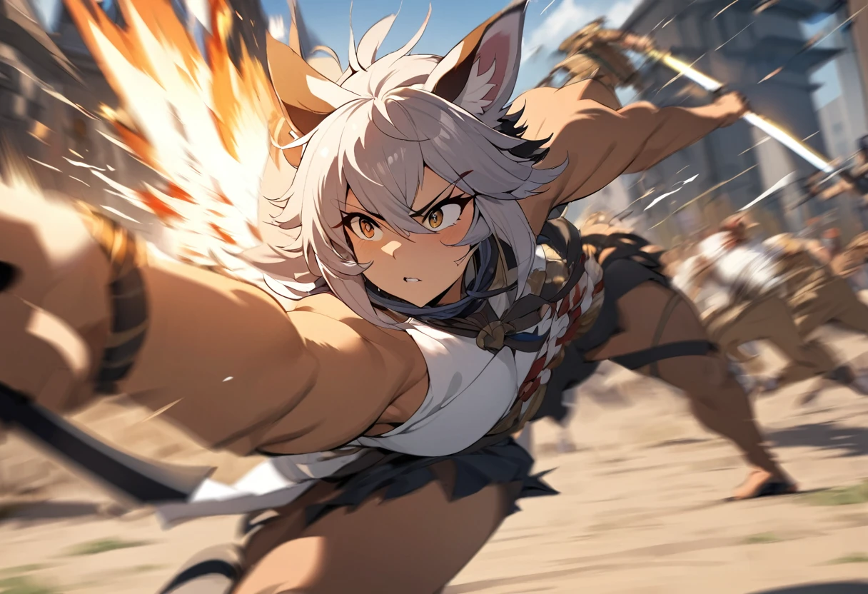 top quality, high-quality illustrations((masterpiece))depth of field, motion blur, absurdres, Perfect ???????, magnificent picture of kemono fighting fierce battles, kemono, 1boy, solo focus, Anthro((dramatic))epic, weapon, dynamic pose, One scene of movie,