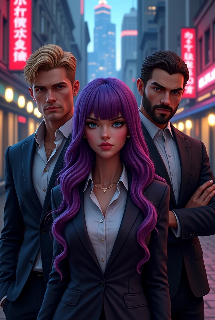 Handsome blond man, man with beautiful brown hair, asian woman with beautiful long purple hair, gta, 3 people, SOCIAL CLOTHES, beautiful, mobsters, Italian Mafia