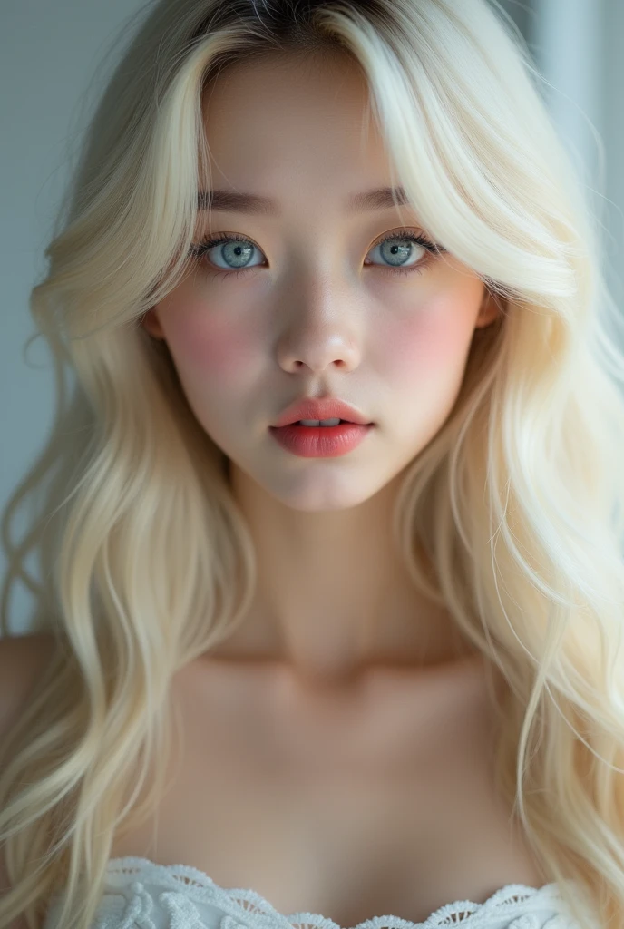 (a closeup:1.4)、(RAW shooting:1.2)、(Photorealsitic:1.4)、(​masterpiece:1.3)、(top-quality:1.4)、bright expression、extremely beautyful girl、Extraordinary beautiful girl、Detailed cute and beautiful face、Beautiful bangs、Glowing white shiny skin、facial hairs、Bangs that extend to the face、Bangs between the eyes、Super long hair、Attractive light and dark platinum blonde super long straight silky hainer hair、Attractive glowing beautiful bright clear light blue big eyes、Luxurious dresses、Double eyelids、Lush bust、The upper part of the body、