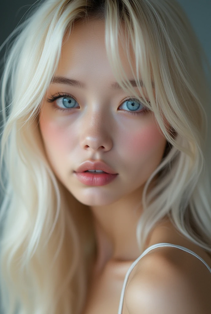 (a closeup:1.4)、(RAW shooting:1.2)、(Photorealsitic:1.4)、(masterpiece:1.3)、(top-quality:1.4)、bright expression、extremely beautyful girl、Extraordinary beautiful girl、Detailed cute and beautiful face、Beautiful bangs、Glowing white shiny skin、facial hairs、Bangs that extend to the face、Bangs between the eyes、Super long hair、Attractive light and dark platinum blonde super long straight silky hainer hair、Attractive glowing beautiful bright clear light blue big eyes、Luxurious dresses、Double eyelids、Lush bust、The upper part of the body、
