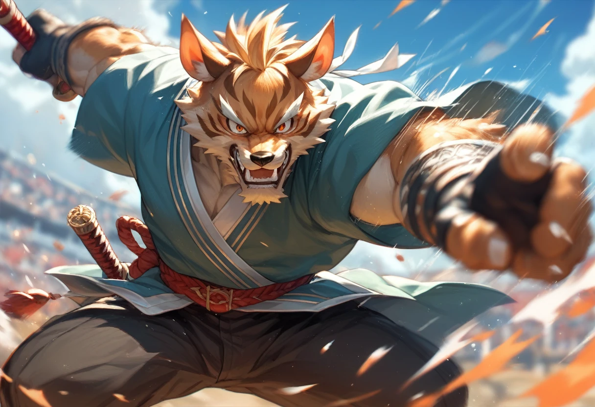 top quality, high-quality illustrations((masterpiece))depth of field, motion blur, absurdres, Perfect Anatomy, magnificent picture of kemono fighting fierce battles, kemono, 1boy, solo focus, Anthro((dramatic))epic, weapon, dynamic pose, One scene of movie,