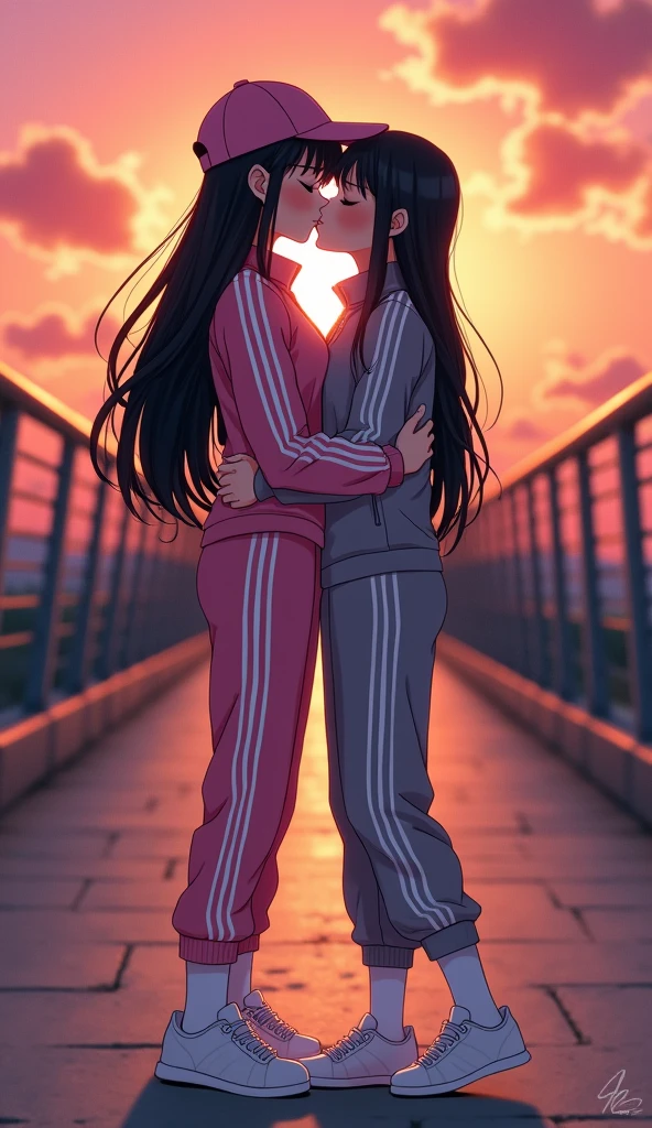 Two girls long black hairs, yuri, (The first girl wear a pink adidas pants, pink adidas cap), (The second girl wear a grey adidas pants, grey adidas cap), white socks, white sneakers, french kiss, lesbian kiss, hugging, sensual body, closed eyes, sunset long bridge, novel cartoon, 4K, HD