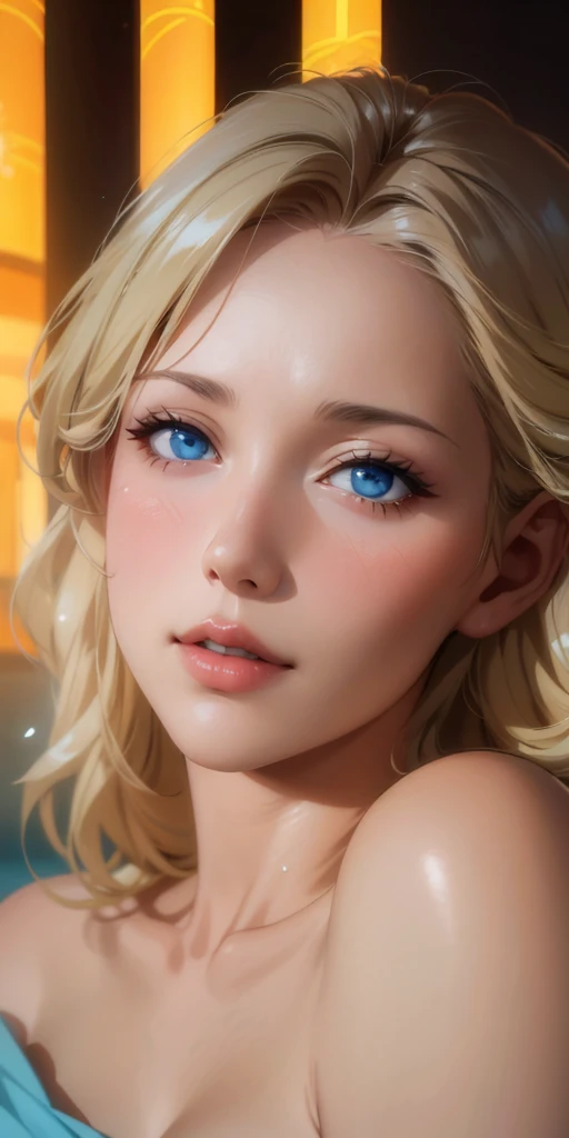 Elegant mature woman, milf, blue eyes, blonde hair, bangs, soft light, 4k resolution, high quality, beautiful cg