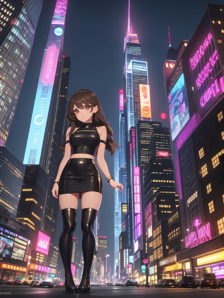 Sure, here's a prompt for you:
"A futuristic girl stands confidently in the bustling heart of a neon-lit city. She has wavy brown hair that cascades down to her shoulders, complementing her bold and daring look. Her outfit consists of a sleek, high-tech mini skirt with metallic accents and thigh-high stockings that add a touch of elegance and strength. The cityscape around her is vibrant and alive, with towering skyscrapers and colorful holographic advertisements illuminating the night. She is a beacon of style and modernity in this advanced urban jungle."
