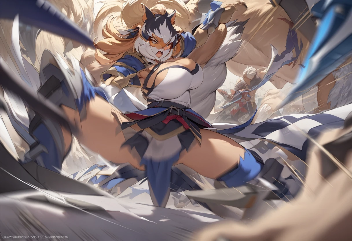 top quality, high-quality illustrations((masterpiece))depth of field, motion blur, absurdres, Perfect Anatomy, magnificent picture of kemono fighting fierce battles, kemono, 1boy, solo focus, Anthro((dramatic))epic, weapon, dynamic pose, One scene of movie,