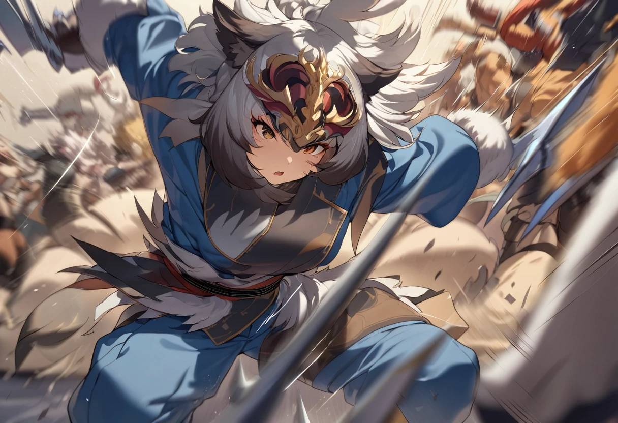 top quality, high-quality illustrations((masterpiece))depth of field, motion blur, absurdres, Perfect Anatomy, magnificent picture of kemono fighting fierce battles, kemono, 1boy, solo focus, Anthro((dramatic))epic, weapon, dynamic pose, One scene of movie,