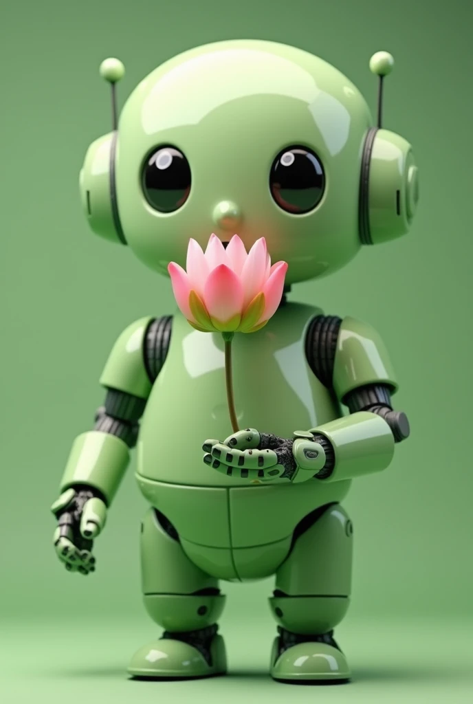 Light green chubby friendly robot with a lotus flower in the palm of its open hand looking straight ahead