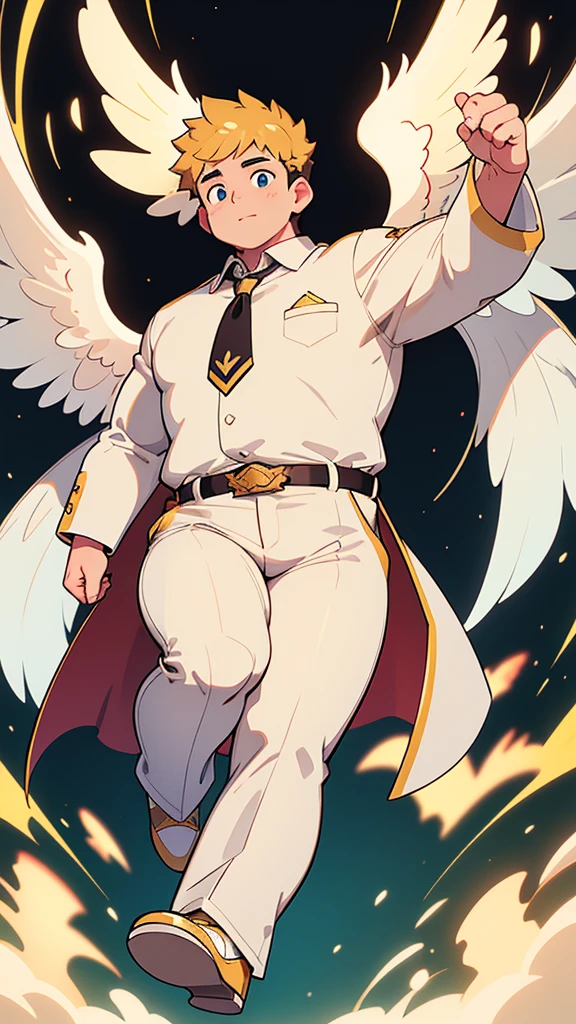 masterpiece, high quality, 8k, Ultra HD, detailed background, detailed face, space, male, young man, big belly, very thick body, chubby, overweight, bulky, fat, chubby cheeks, golden shoes, white button up long sleeve shirt with a golden coat and tie, golden pants with a white tight belt, tight clothes, 5 ft and 8 inches tall, two hundred pounds, seraphim, accurate angel in human form, wish granter angel, six angel wings on his back, flying, detailed character, solo, close up, handsome, cute