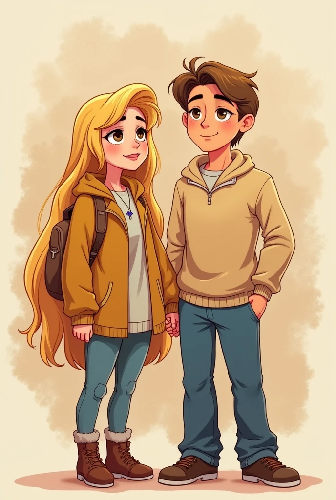 Create a Disney-style drawing with three people. 

a straight couple, the couple is blonde and a sad brunette girl in the background because the guy is leaving with another.. 
