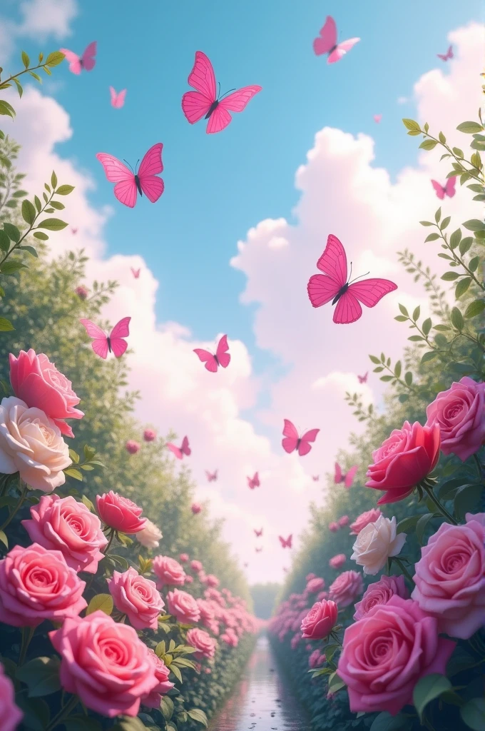 Pink Butterflies in sky.. garden flowers roses.love