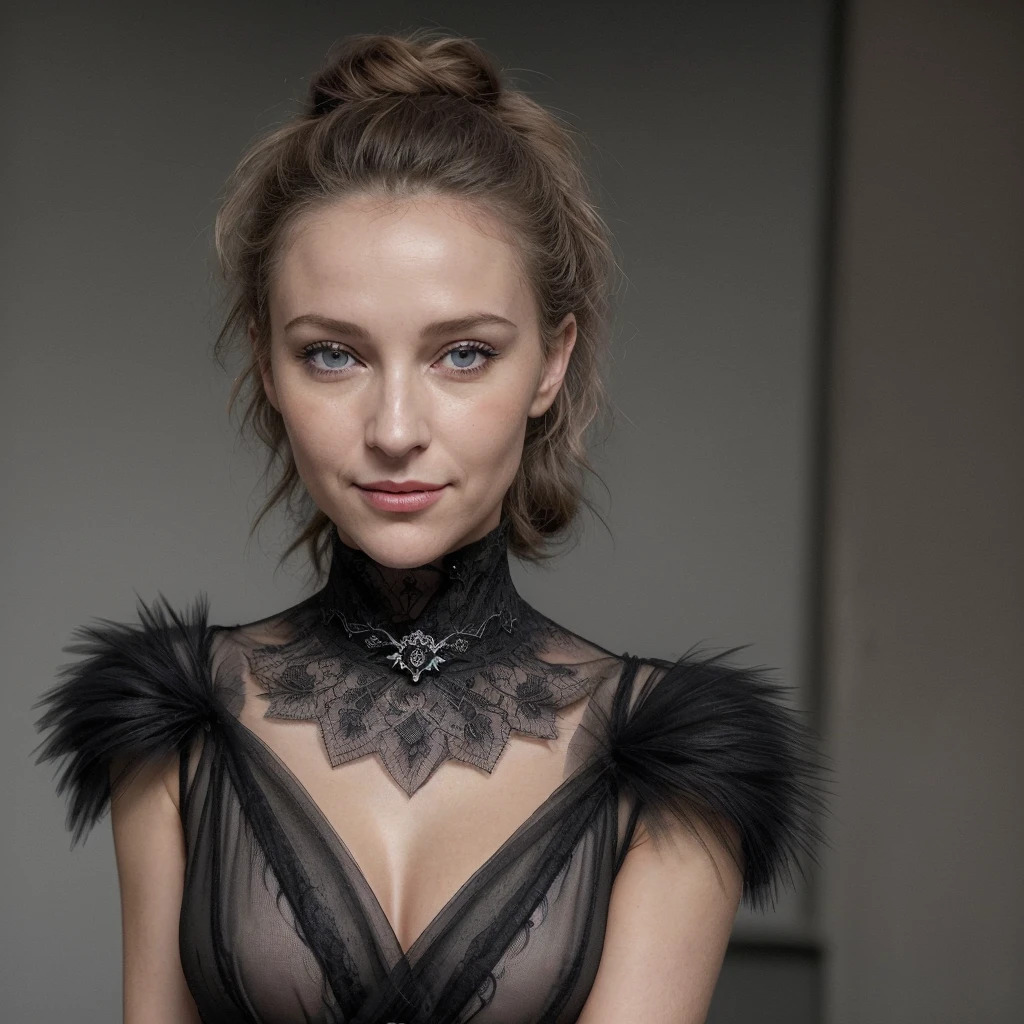 Vue de 5 mètres, en extérieur, photo détaillée en 8k d'une femme grise avec des yeux perçants et des cheveux bouclés. Son visage joyeux et souriant, avec des lèvres fines, est encadré par des boucles bien définies. Elle porte un collier et est entièrement visible dans cette photo. Elle est habillée en dominatrice avec des cuissardes en cuir noir et un haut du corps nu, exhibant fièrement son allure. La photo montre une femme avec un sourire provocateur, captant la lumière dans ses yeux, et elle est vêtue d'une robe de cocktail noire, courte et élégante, qui descend jusqu'aux genoux. Elle porte des talons hauts noirs et se tient debout dans une pièce moderne bien éclairée. La prise de vue est réalisée avec un objectif Canon 85 mm, assurant une qualité extrême et un maquillage épais pour accentuer ses traits. La qualité de l'image est d'un niveau très élevé, montrant tous les détails de sa peau et de son expression. Son attitude sexy et dominatrice est parfaitement capturée dans cette photo de tout le corps.