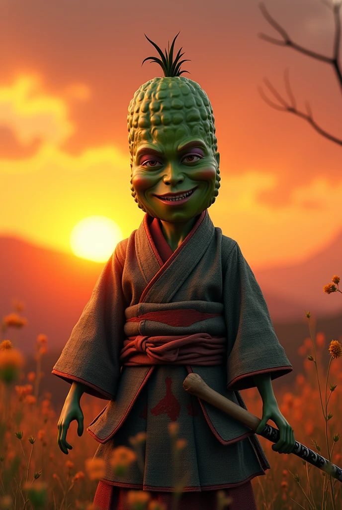 Pickle man, funny Face, samurai costume, realist, sunset.