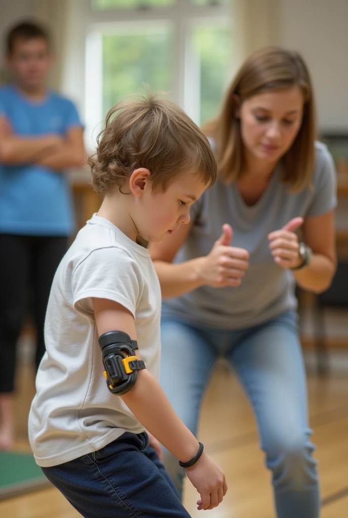 Have a  who uses a prosthetic arm play with other children and the physical education teacher teach motor coordination activities..