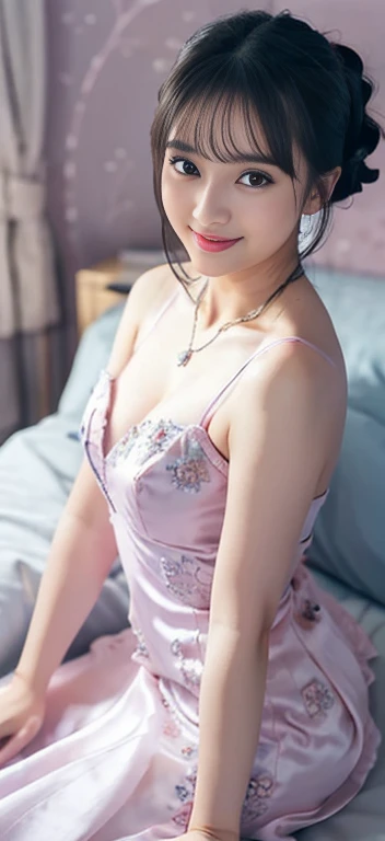 Beautiful, cute baby Face, russian lolita two G blue eyes, high ponytail hair, black hair, hair ornaments, wearing sexy pink mini kebaya dress, micro skirt, Rounded medium Breast, cleavage cutout, slightly Chubby , luxury necklace, White Skin, Smiling, bedroom Background, full body portrait, high heels, Perfect Potrait, Bokeh Effect, Look at Viewer, Armpit, Perfect Eye, Perfect Hand, Perfect Finger, Bracelet, Ring, ((adorable:1.2)), ((masterpiece:1.1)), ((bokeh:1.2)),two girls kissing,,(bright lighting,romantic setting),dreamy background,,dark hair, mesmerizing gaze, , soft skin, alluring beauty, artistic portrait, high-quality image, vibrant colors,translucent long silk gown, mosquito net, lying down, romantic bedroom,bondage