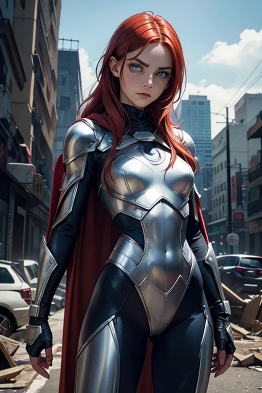 1 young woman, She is a superhero, She is very thin, His suit is silver and he has a long shiny cape., her outfit is very sexy, Revealing clothes, Her breasts are small and beautiful, Her buttocks are small and perfect, toned abdomen, perfect waist, very beautiful blue eyes, Very bright red hair, clear skin and perfect complexion, Cara nervous part, powerful, It is in a place destroyed by zombies, apocalyptic city, destroyed city, fight to survive, zombies attack her, high definition quality, ultra realistic, perfect photography, ultra 4k, the best definition realistic photography.