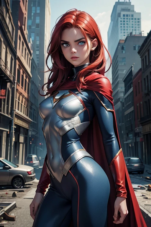1 young woman, She is a superhero, She is very thin, His suit is silver and he has a long shiny cape., her outfit is very sexy, Revealing clothes, Her breasts are small and beautiful, Her buttocks are small and perfect, toned abdomen, perfect waist, very beautiful blue eyes, Very bright red hair, clear skin and perfect complexion, Cara nervous part, powerful, It is in a place destroyed by zombies, apocalyptic city, destroyed city, fight to survive, zombies attack her, high definition quality, ultra realistic, perfect photography, ultra 4k, the best definition realistic photography.