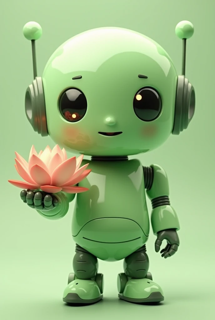 Light green chubby friendly robot with a lotus flower in the palm of its open hand looking straight ahead