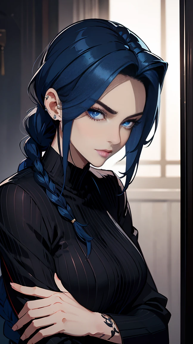 blue hair styled in a thick, long braid, glossy and striking; elongated, oblong face with high, defined cheekbones and a softly rounded chin; intense, captivating dark eyes framed by well-groomed eyebrows; full, plush, perfectly-shaped dark red lips; fitted black jacket over a high-necked dark red tshirt, modest and stylish; sleek, tailored jacket with subtle details; intricate tattoos subtly visible on right arm; modern helix piercing; calm and serious expression