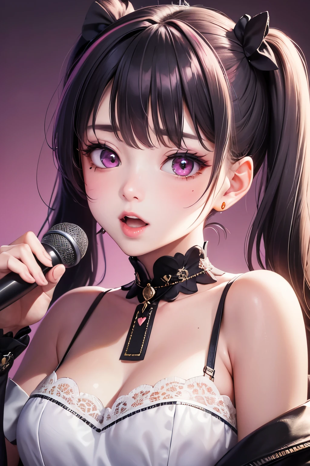 masterpiece, best quality, highly detailed, high resolution, expensive resolution, high resolution, 4K, 8k, Unity 8k wallpaper, highly detailed CG, masterpiece, 2D, 3D, beautiful details, depth, fine texture, best quality: 1.3, perfect focus, crisp skin, him, very cute, 20s girl, idol, holding a microphone and singing, short twin tails, mole under eye, looking at the viewer, expensive, blush, mole, open lips, heart shaped choker, pink eyes