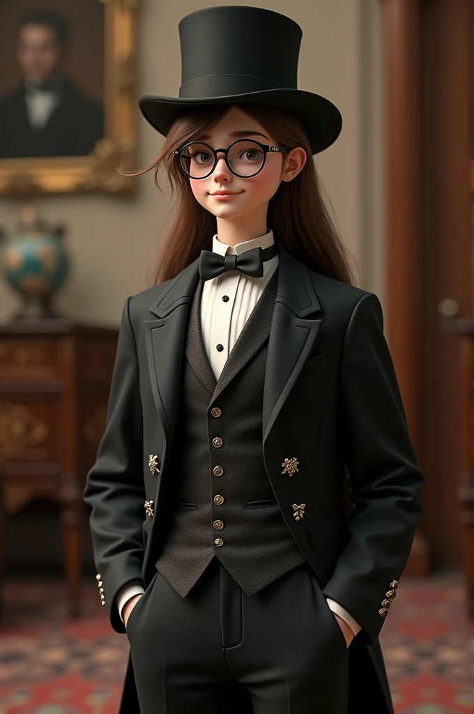 A human teenager in formal victorian suit, with cylinder hat, glasses with jewelry(small chains on the frame), smug, long brown hair