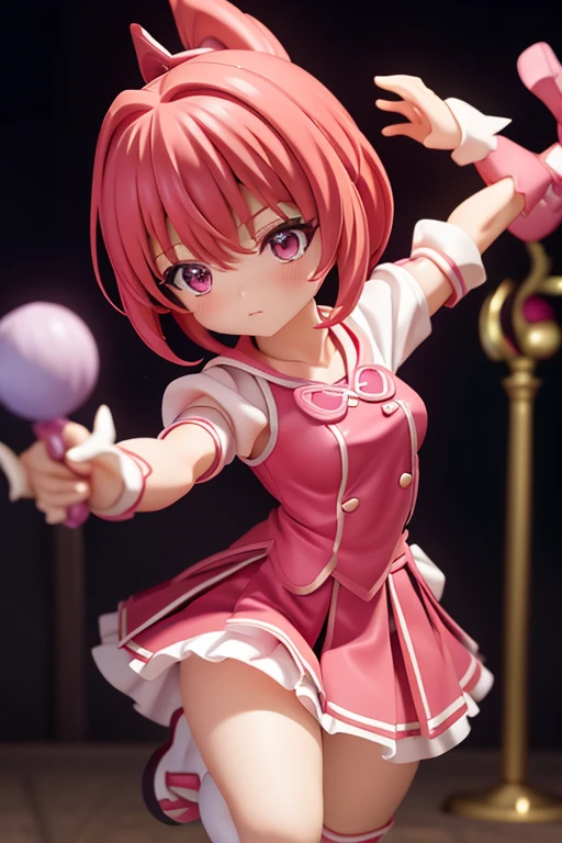 Magical giel、Primary school students、Young girl、、height: 130cm、Short Hair、Shortcuts、boyish、Circlet、tiara、Character portrait、Standing with your legs apart、Karate stance、Martial Arts、spats、ホットpants、pants、Magical Girl Costume、Red clothes、Red Hair、Red eyes、Fighting gloves on hands
