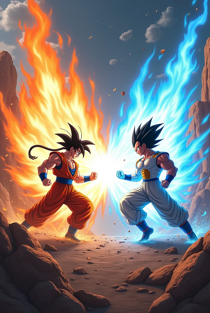 Goku Ui using the kamehameha against Vegeta Ultra ego using the Galick gun