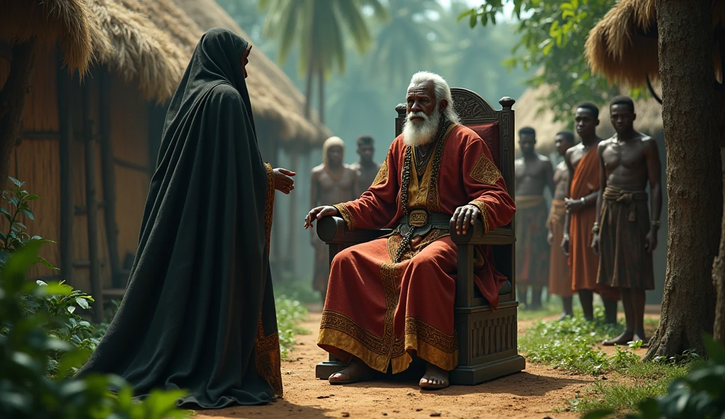 (African folktale) One fateful day, a mysterious stranger appeared in the village, draped in a cloak of shadow. His face was hidden, but his voice was as soft as the night breeze.
An old wise looking King Zolani, dressed in regal but worn-out attire, is expression is mix of pride and power
 ordered his best warriors to accompany the stranger into the forest.