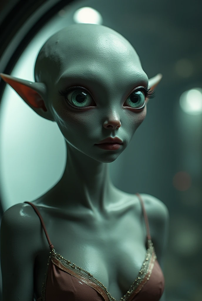 Portrait of a confused sexy female grey alien inside a ufo with huge tits. Close up