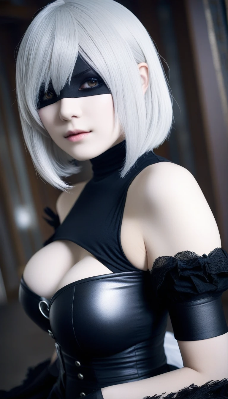 Actual Photos、Nier:Beautiful cosplay of 2b from Automata、2b、A woman cosplaying as 2b、White skin、expensive、Great style、Big Breasts、Small face、expensive鼻、Sharp Eye、Beautiful Face、Beautiful Face、30 years old、British women、British Half、Nier:2b&#39;Automata&#39;s Black Costume、Stylish Background、Light background、Blur the background、Fantasyな都市を背景に、Reach your audience、Shooting from an angle、masterpiece、Highest quality、High resolution、Cosplayer Photos、Professional Photo Model、Fantasy、Glaring at the audience、Angry expression、Cosplay makeup style、Real Cosplay Photos、Cool and beautiful pictures、Portraiture、Wrapped in a pale white glow、good looking