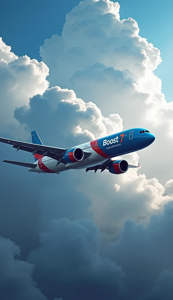 Create a picture of a plane taking off in the sky, write Boost 7 on the plane, cloudy sky in background, write a phrase "Boosting Businesses n Careers" in right corner of the picture.