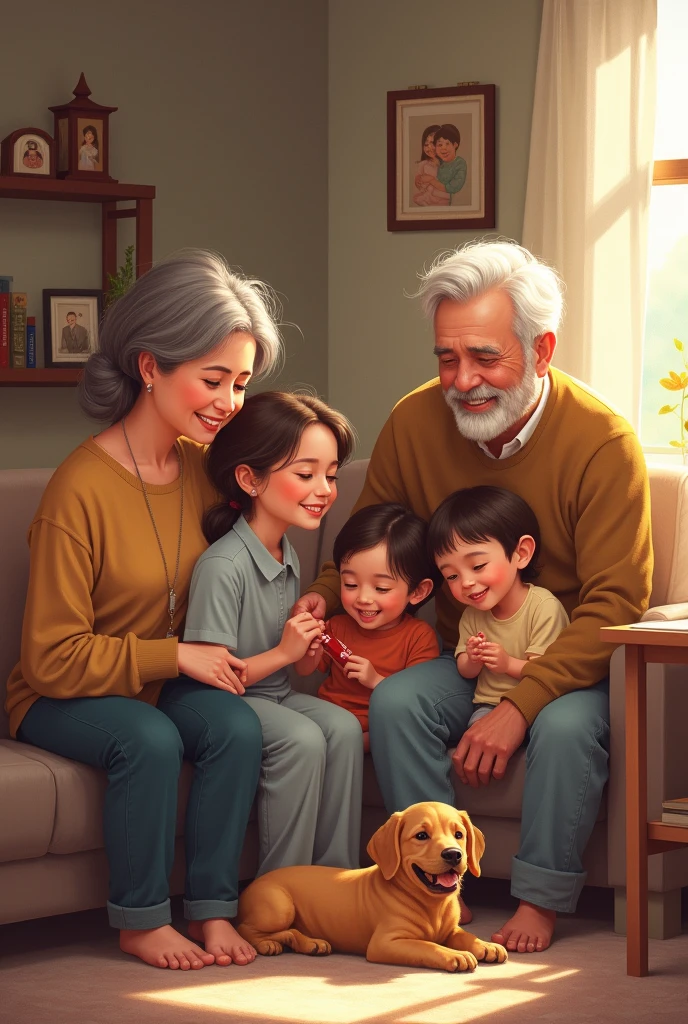Drawing of a family with parents, grandparents, children and pet