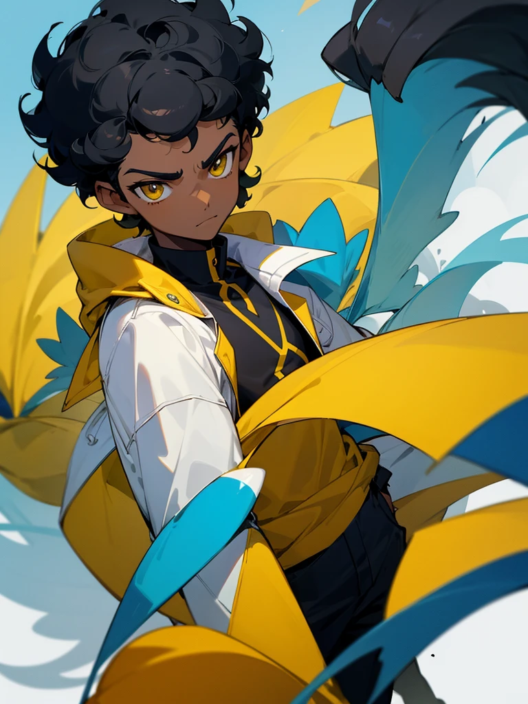 Image of a dark skinned boy with curly black hair, wearing a yellow shirt and on top a white jacket with blue details based on the style of a pokemon trainer