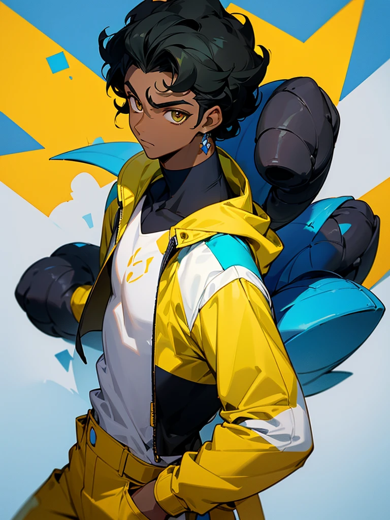 Image of a dark skinned boy with curly black hair, wearing a yellow shirt and on top a white jacket with blue details based on the style of a pokemon trainer