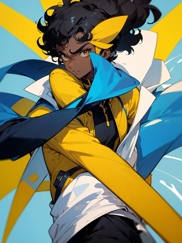 Image of a dark skinned boy with curly black hair, wearing a yellow shirt and on top a white jacket with blue details based on the style of a pokemon trainer